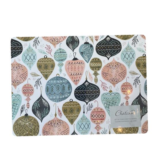 CHATEAU Christmas Ornament Cork Backed Hard Placemats 12x16 Set of 4 Holiday New - Picture 11 of 16